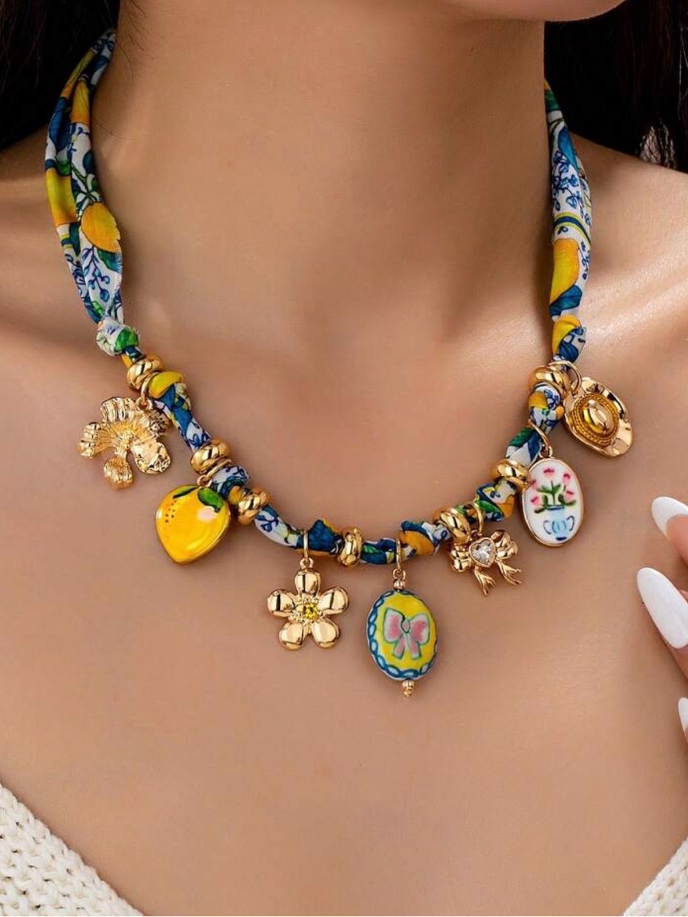 Gold Charm Lemon Scarf Necklace in Yellow & Blue